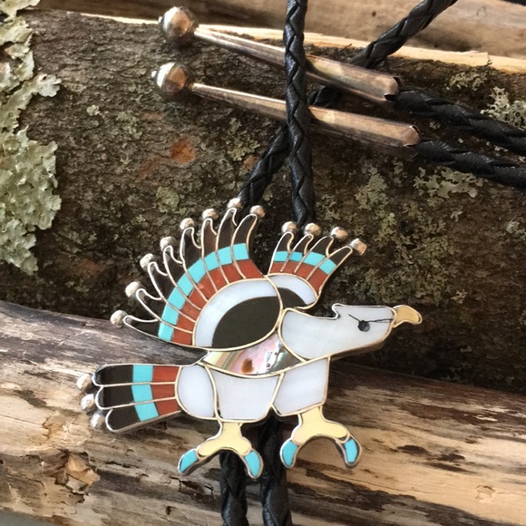 Vintage Charlotte Dishta Zuni Multi Stone Eagle Bolo - Picture 3 of 8